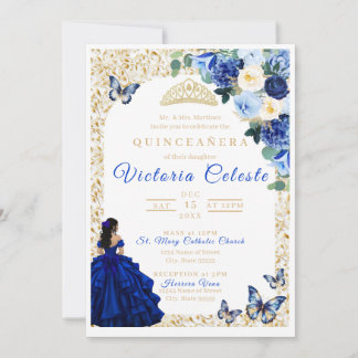 Invitation de Quinceañera Fleurie Papillon Or Bleu