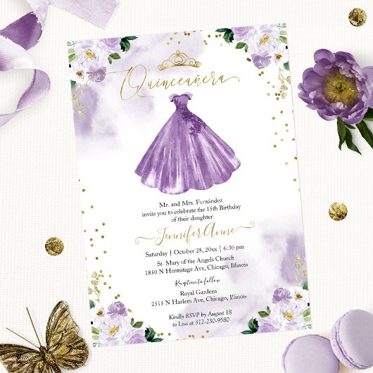 Invitation de Quinceañera Fleurie Violette Bilingu