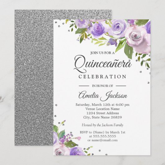 Invitation de Quinceanera Floral Argent violet (Devant / Derrière)