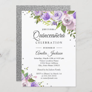 Invitation de Quinceanera Floral Argent violet