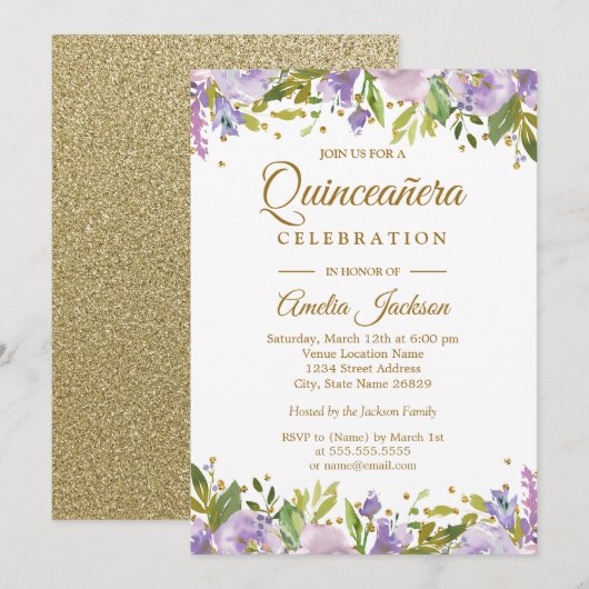 Invitation de Quinceanera Floral Or (Devant / Derrière)