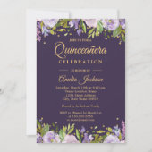 Invitation de Quinceanera Floral Purple Or (Devant)