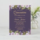 Invitation de Quinceanera Floral Purple Or (Debout devant)