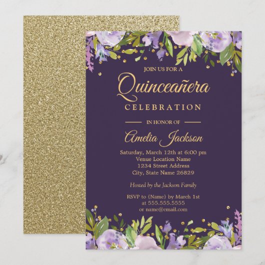 Invitation de Quinceanera Floral Purple Or (Devant / Derrière)
