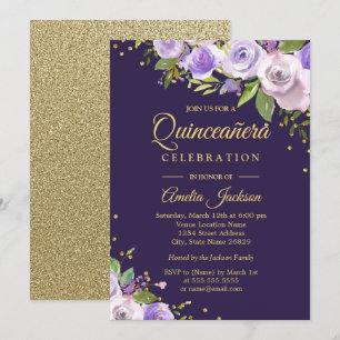 Invitation de Quinceanera Floral Purple Or