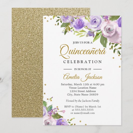 Invitation de Quinceanera Floral Sparkle or violet (Devant / Derrière)