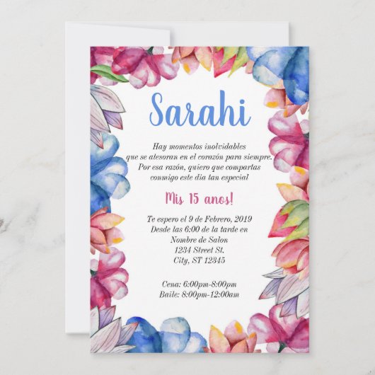Invitation de Quinceañera Florale (Devant)