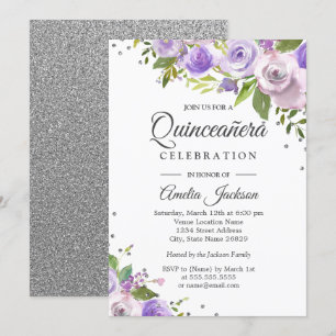 Invitation de Quinceañera florale avec éclat argen