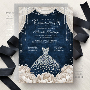 Invitation de Quinceanera Florale Blanche et Navy