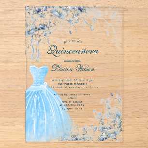 Invitation de Quinceañera florale bleu poussiéreux