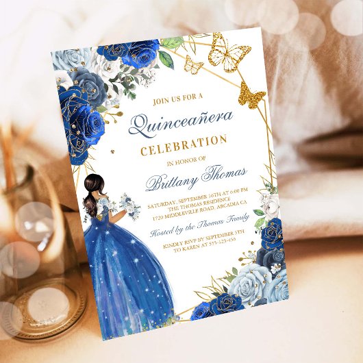 Invitation de Quinceañera florale bleue