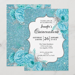 Invitation de Quinceanera Florale Bleue Pailletée