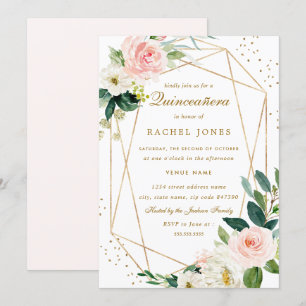 Invitation de Quinceanera Florale en Blush Géométr