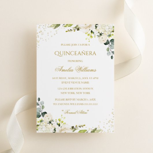 Invitation de Quinceanera Florale Gold Sparkle