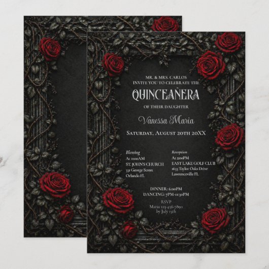 Invitation de Quinceañera Florale Gothique Rouge H (Devant / Derrière)