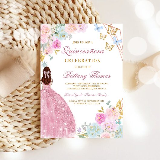 Invitation de Quinceanera florale rose