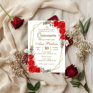 Invitation de Quinceañera florale rouge