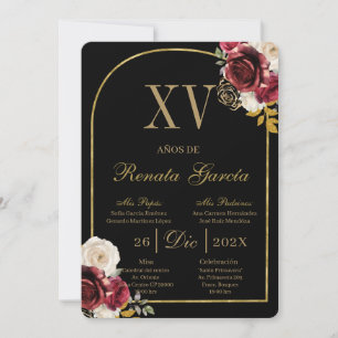 Invitation de quinceañera florale rouge noir