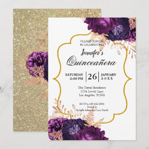 Invitation de Quinceanera Florale Violet Pailleté