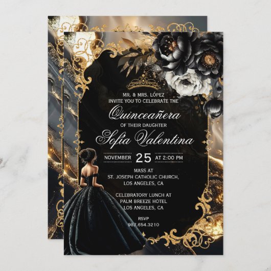 Invitation de Quinceañera noir et or (Devant / Derrière)