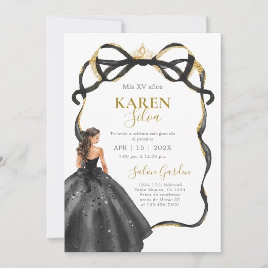 Invitation de Quinceañera noire et or (Devant)