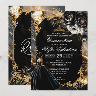 Invitation de Quinceañera noire et or