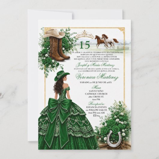 Invitation de Quinceañera occidentale vert émeraud (Devant)