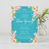 Invitation de Quinceanera, papillon floral turquoi (Debout devant)