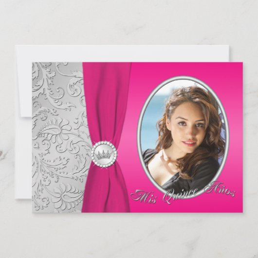 Invitation de Quinceanera, photo rose et argent ch (Devant)