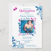 Invitation de Quinceañera rose & bleu Floral (Devant)