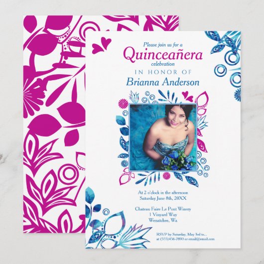 Invitation de Quinceañera rose & bleu Floral (Devant / Derrière)