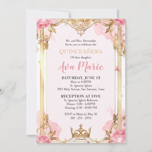 Invitation de Quinceañera rose et or (Devant)
