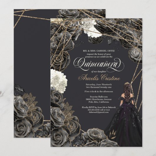 Invitation de Quinceañera - Roses noirs et or, Gow (Devant / Derrière)