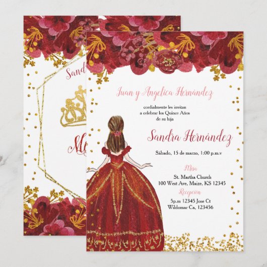 Invitation de Quinceañera rouge et or (Devant / Derrière)