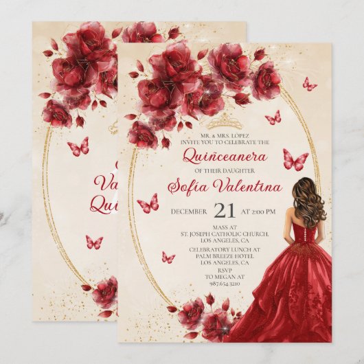 Invitation de Quinceañera Rouge & Or (Devant / Derrière)