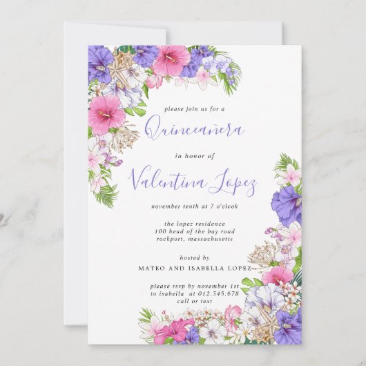 Invitation de Quinceanera Tropical Purple Pink (Devant)