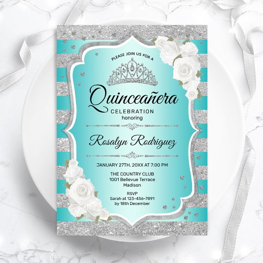 Invitation de Quinceanera Turquoise argenté