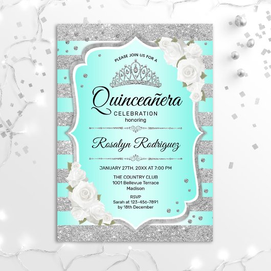 Invitation de Quinceanera Turquoise Argenté
