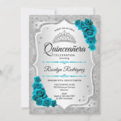 Invitation de Quinceanera Turquoise en argent (Devant)