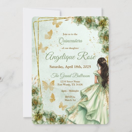 Invitation de quinceañera vert sauge (Devant)