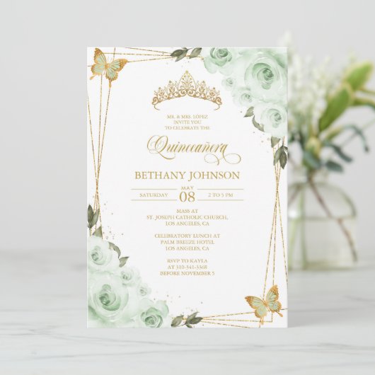 Invitation de Quinceañera verte sauge et or (Debout devant)