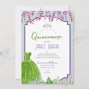 Invitation de Quinceañera verte violette et rose
