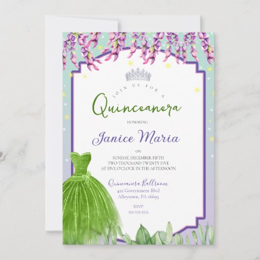 Invitation de Quinceañera verte, violette et rose (Devant)