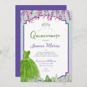 Invitation de Quinceañera verte, violette et rose (Devant / Derrière)