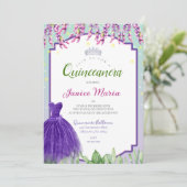 Invitation de Quinceañera violet, vert et rose (Debout devant)