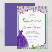 Invitation de Quinceañera violet, vert et rose (Devant / Derrière)