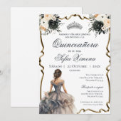 Invitation de Quincenera avec floral noir (Devant / Derrière)