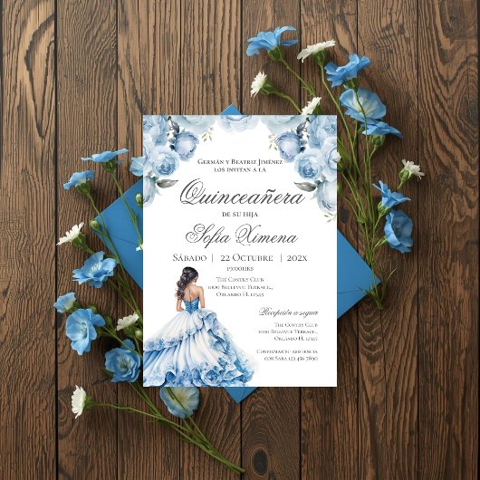 Invitation de Quincenera en bleu espagnol