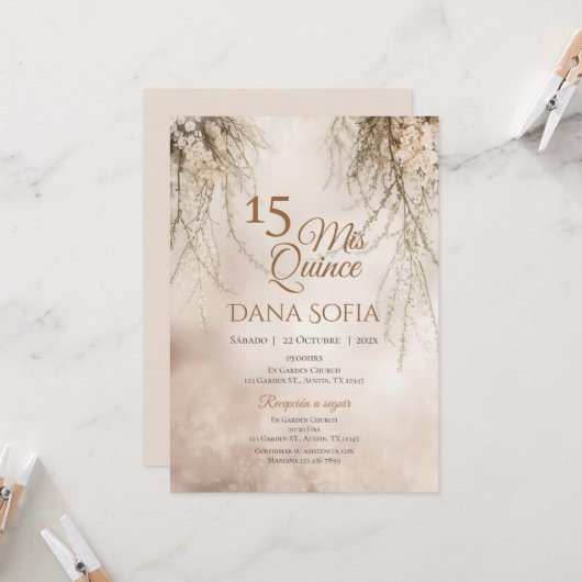 Invitation de Quincenera en espagnol Boho (Devant/Arrière en situation)