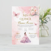 Invitation de Quinceñera en espagnol floral rose (Debout devant)